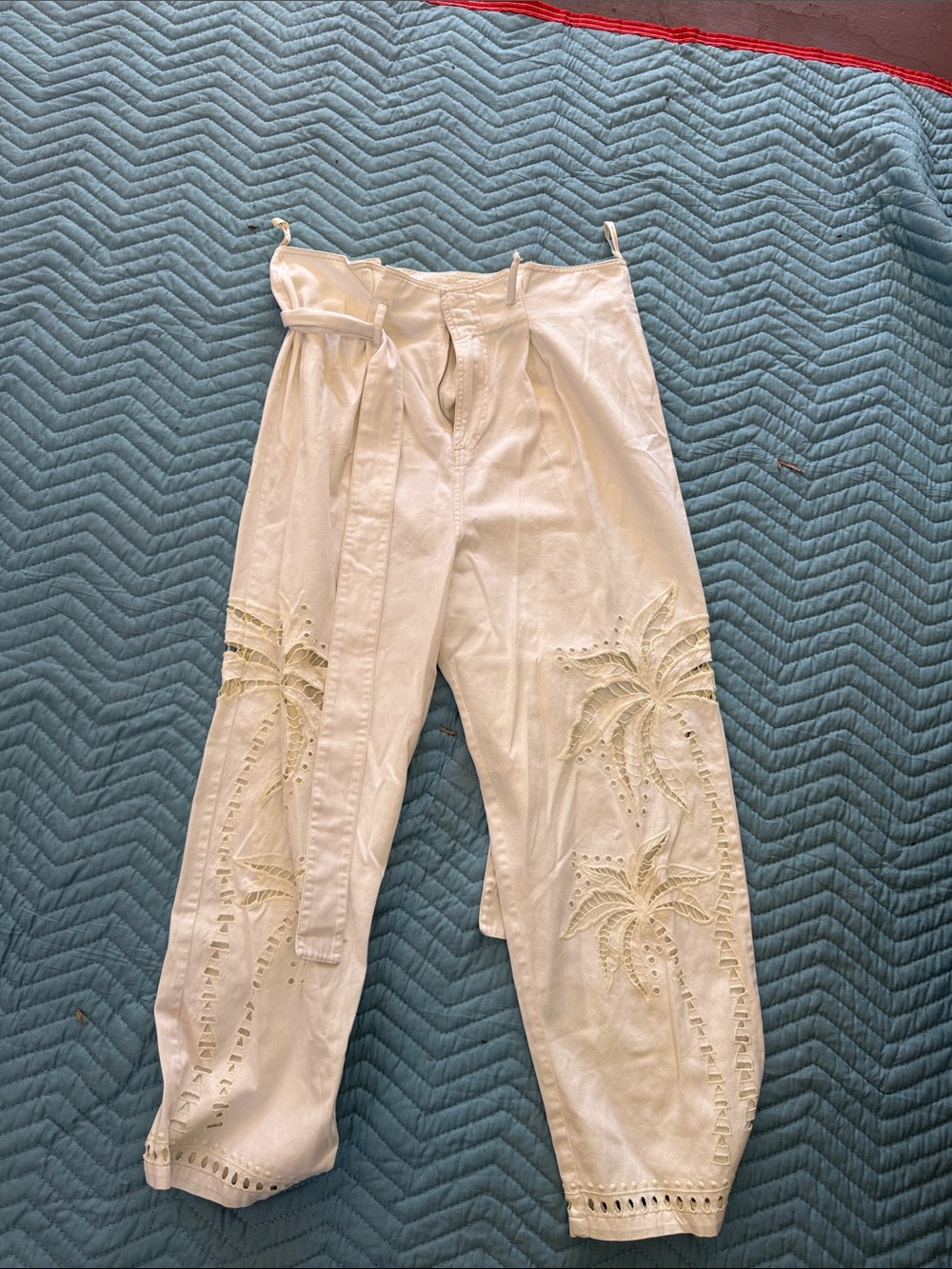 FARM Rio White Embroidered Palm-Detail Linen Trousers